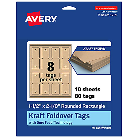 Avery® Print-To-The-Edge Foldover Tags With Sure Feed® Technology, 1-1/2"x2-1/8" Rectangle Rounded, Kraft Brown, Pack Of 80