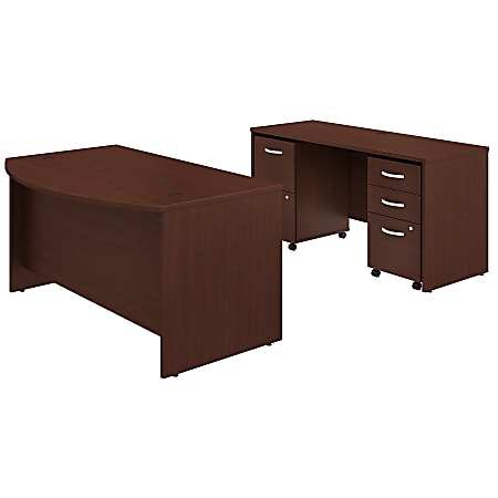 Bush Business Furniture Studio C Bow Front Desk And Credenza With Mobile File Cabinets, 60"W x 36"D, Harvest Cherry, Premium Installation