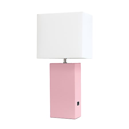 Elegant Designs Modern Leather/Fabric Desk Lamp With USB Port, 21"H, White Shade/Pink Base