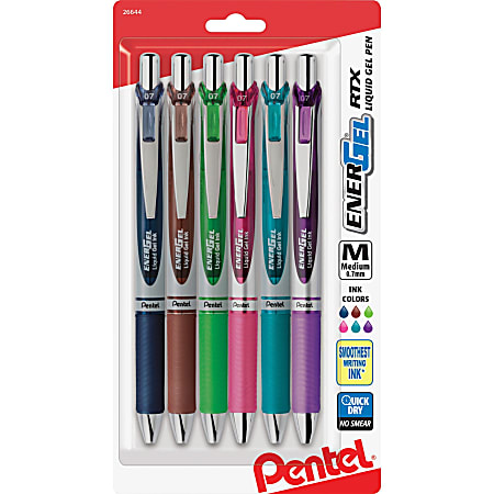 EnerGel Liquid Steel Tip Gel Pens, Pack Of 6, Medium Point, 0.7 mm, Assorted Colors