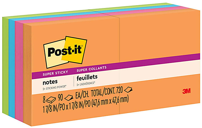 Post-it Super Sticky Notes, 1 7/8 in x 1 7/8 in, 8 Pads, 90 Sheets/Pad, 2x the Sticking Power, Energy Boost Collection