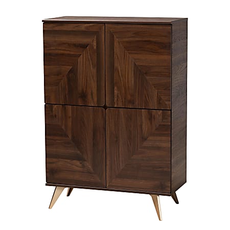 Baxton Studio Graceland 32"W Mid-Century Modern Transitional Finished Wood Shoe Cabinet, Walnut Brown/Gold