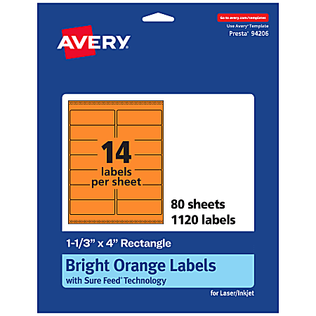 Avery® Printable Labels With Sure Feed® Technology, 94206-BOP80, Rectangle, 1-1/3" x 4", Matte Bright Orange, Pack of 1120