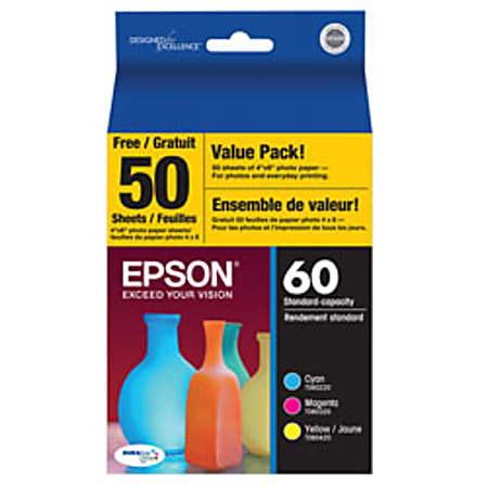 Epson® 60 DuraBrite® Ultra Cyan/Magenta/Yellow Ink Cartridge Multipack & 50 Sheets Of 4" x 6" Photo Paper, T060520