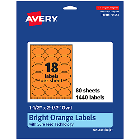 Avery® Printable Labels With Sure Feed® Technology, 94051-BOP80, Oval, 1-1/2" x 2-1/2", Matte Bright Orange, Pack of 1440