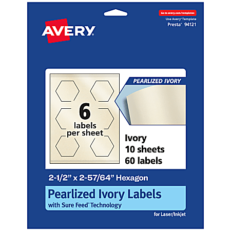 Avery® Pearlized Permanent Labels With Sure Feed®, 94121-PIP10, Hexagon, 2-1/2" x 2-57/64", Ivory, Pack Of 60 Labels