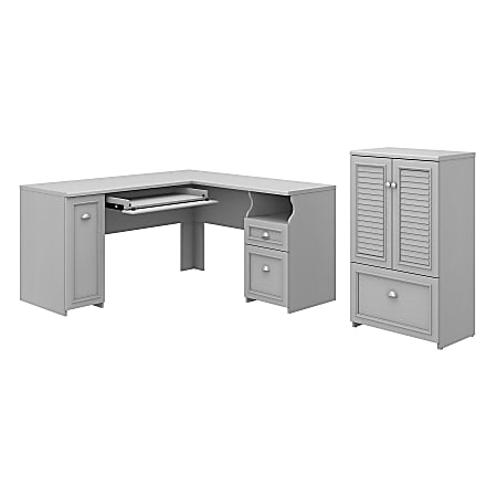 Bush Business Furniture Fairview 60"W L-Shaped Corner Desk And Storage Cabinet With Drawer, Cape Cod Gray, Standard Delivery