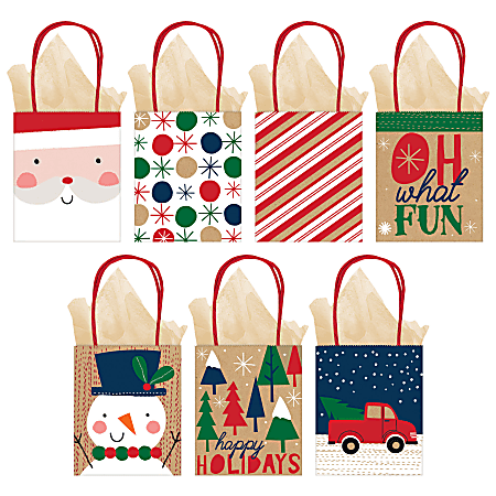 Amscan Christmas Oh What Fun Small Vertical Gift Bags, 5-1/4"H x 4-1/2"W x 2-3/4"D, Assorted Colors, Pack Of 28 Bags