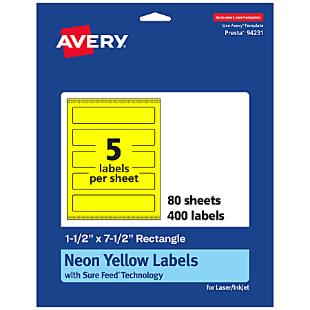 Avery® Print-To-The-Edge Labels With Sure Feed® Technology, 94231-NYP80, Rectangle, 1-1/2" x 7-1/2", Matte Neon Yellow, Pack of 400