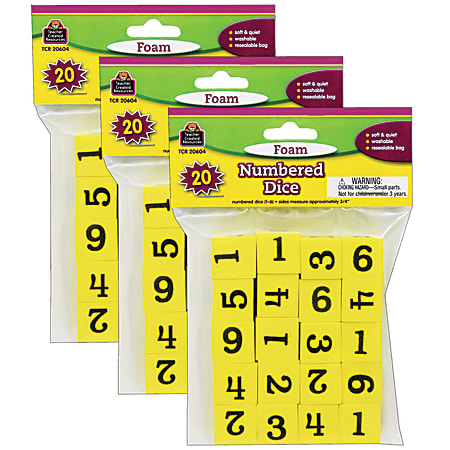 Teacher Created Resources Foam Numbered Dice, 3/4", Yellow, Grades K-4, 20 Dice Per Pack, Case Of 3 Packs