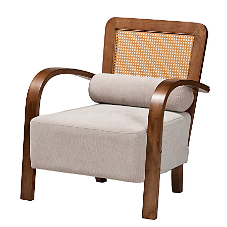 Baxton Studio Sage Japandi Arm Accent Chair With Woven Rattan, Light Gray/Walnut Brown