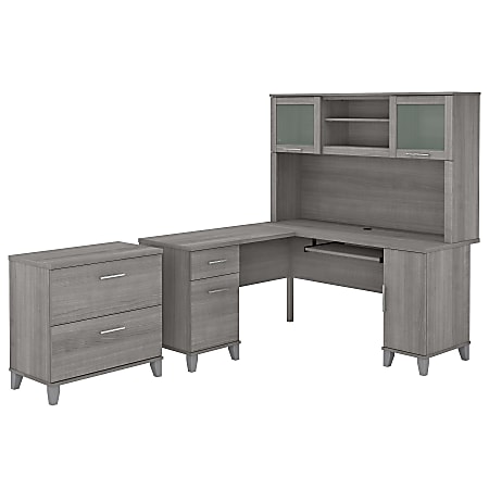 Bush Furniture Somerset 60"W L-Shaped Desk With Hutch And Lateral File Cabinet, Platinum Gray, Standard Delivery