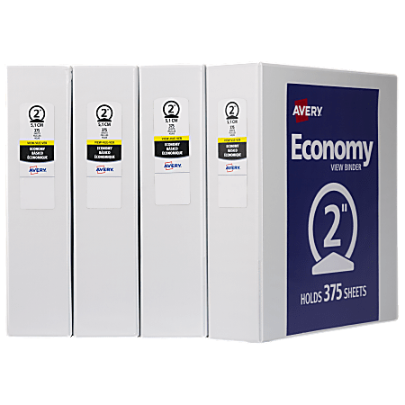 Avery® Economy View 3 Ring Binders, 2" Round Rings, White, Pack Of 4
