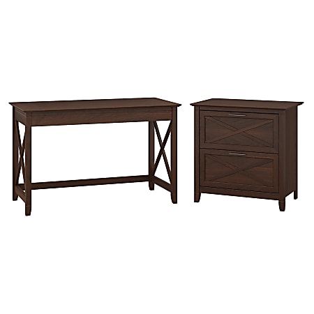 Bush Furniture Key West 48"W Writing Desk With 2 Drawer Lateral File Cabinet, Bing Cherry, Standard Delivery
