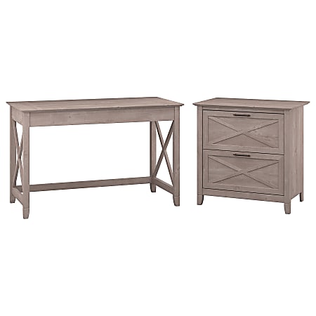 Bush Furniture Key West 48"W Writing Desk With 2 Drawer Lateral File Cabinet, Washed Gray, Standard Delivery