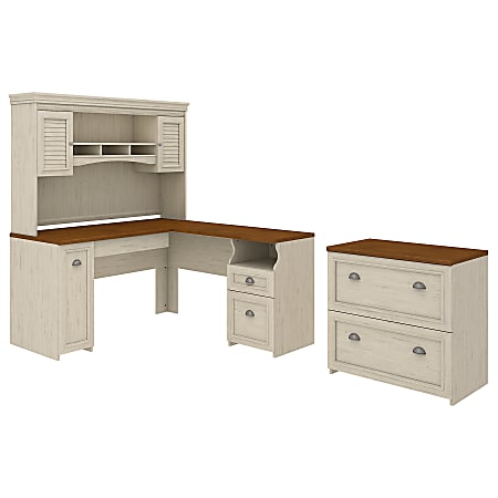 Bush Business Furniture Fairview 60"W L-Shaped Corner Desk With Hutch And Lateral File Cabinet, Antique White/Tea Maple, Standard Delivery