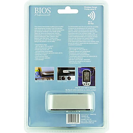 BIOS Medical Wireless Pre programmed Thermometer 32 F 0 C to 482 F 250 C  Wireless Preprogrammed Timer Adjustable Temperature Alarm Belt Clip  Backlight For Cooking Grill - Office Depot