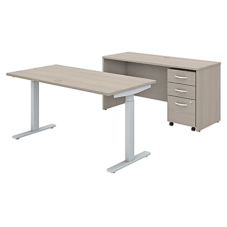 Bush Business Furniture Studio C 60"W x 30"D Height-Adjustable Standing Desk, Credenza And Mobile File Cabinet, Sand Oak, Standard Delivery