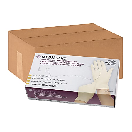 MediGuard® Powder-Free Stretch Vinyl Exam Gloves, Large, Beige, 100 Gloves Per Box, Case Of 10 Boxes