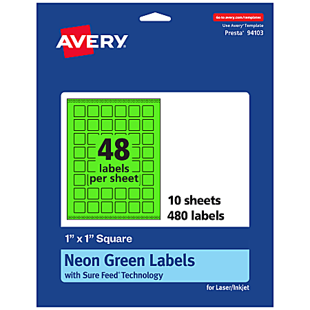 Avery® Print-To-The-Edge Labels With Sure Feed® Technology And Easy Peel® Label Feature, 94103-NGP10, Square, 1" x 1", Matte Neon Green, Pack of 480