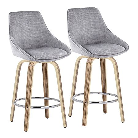 LumiSource Diana Fixed-Height Counter Stools With Wood Legs And Round Footrests, Corduroy, Gray/Zebra/Chrome, Set Of 2 Stools