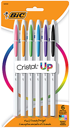 BIC® Cristal Up Ball Pens, Medium Point, 1.2 mm, White Barrels, Assorted Ink Colors, Pack Of 6 Pens