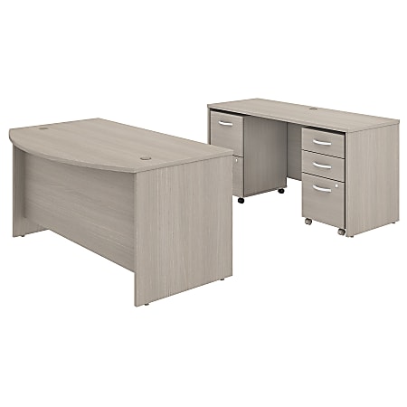 Bush Business Furniture Studio C Bow Front Desk And Credenza With Mobile File Cabinets, 60"W x 36"D, Sand Oak, Premium Installation