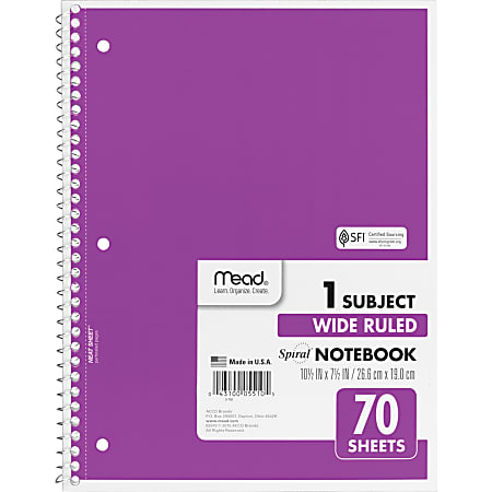 Mead® Spiral Notebooks, 8-1/2" x 10-1/2", 1 Subject, Wide Ruled, 70 Sheets, Assorted Colors, Pack Of 6 Notebooks