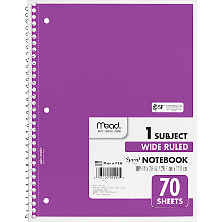 Mead Spiral Notebook, 1 Subject, Wide Ruled, 70 Sheets, 10 1/2 x 7 1/2, 4  Pack, Black