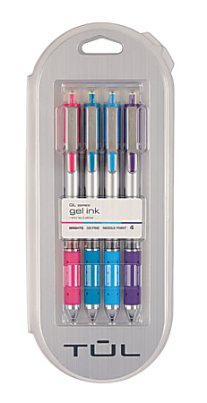 TUL® GL Series Retractable Gel Pens, Needle Point, 0.5 mm, Silver Barrel, Assorted Ink, Pack Of 4 Pens