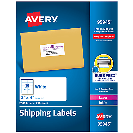 Avery® Shipping Labels With Sure Feed® Technology, 95945, Rectangle, 2" x 4", White, Pack Of 2,500 Labels
