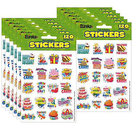 Eureka Theme Stickers, Birthday, 120 Stickers Per Pack, Set Of 12 Packs