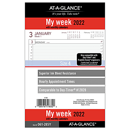 AT-A-GLANCE® Weekly/Monthly Planner Calendar Refill, Desk Size 4, 5-1/2" x 8-1/2", January To December 2022, 061-285Y