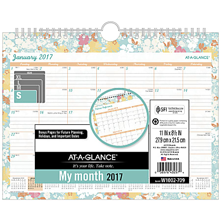 AT-A-GLANCE® Monthly Wall Calendar, 11" x 8 1/2", Meadow, January to December 2017