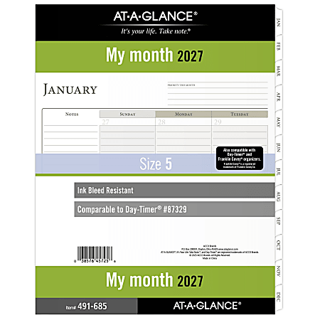 AT-A-GLANCE® 2027 Monthly Planner Refill, Loose-Leaf, Folio Size, 8 1/2" x 11"