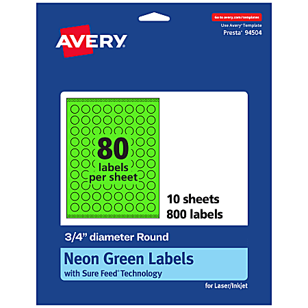 Avery® Print-To-The-Edge Labels With Sure Feed® Technology, 94504-NGP10, Round, 3/4", Matte Neon Green, Pack of 800
