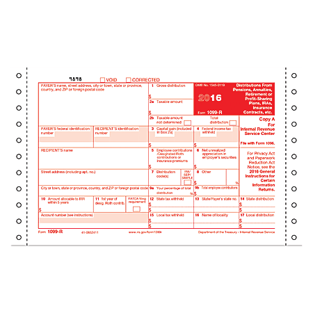 ComplyRight 1099-R Self-Mailer Carbon-Interleaved Continuous Tax Forms, Outside Copies A And D, Inside Copies B And C, 4-Part, 9" x 11", Pack Of 100 Forms