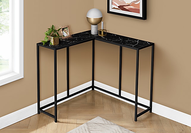 Monarch Specialties Jan L-Shaped Metal Console Table, 32”H x 36”W x 36”D, Black Marble