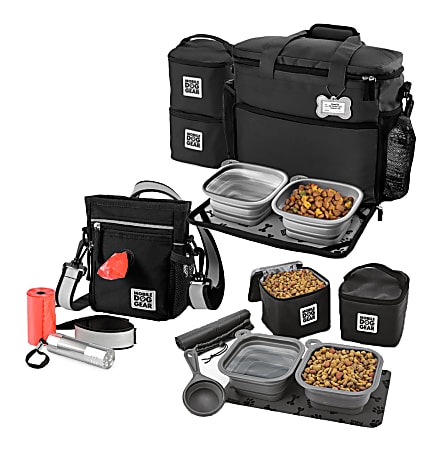 Overland Mobile Dog Gear Day/Night Walking Bag, Week Away® Bag For Medium/Large Dogs and Dine Away® Set For Medium/Large Dogs Bundle, Black