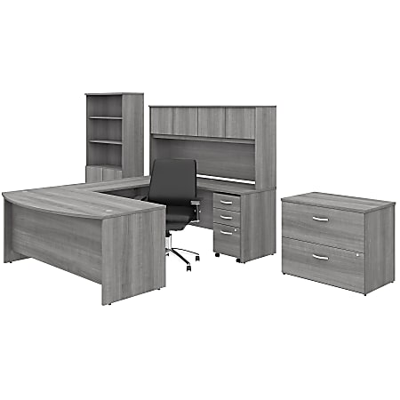 Bush Business Furniture Studio C 72"W U-Shaped Desk With Hutch, Bookcase, File Cabinets And Mid-Back Office Chair, Platinum Gray, Premium Installation