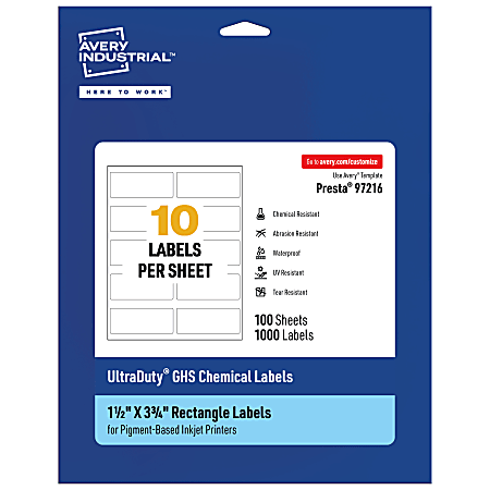 Avery® Ultra Duty® Permanent GHS Chemical Labels, 97216-WMUI100, Rectangle, 1-1/2" x 3-3/4", White, Pack Of 1,000