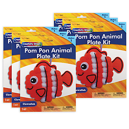 Creativity Street Pom Pom Animal Plate Kits, 7-1/2" x 8-1/2" x 1", Clownfish, Set Of 6 Kits