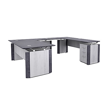 Forward Furniture Allure Double-Pedestal U-Desk With Box And File Pedestals, 30"H x 72"W x 108"D, Stormy Gray/Ashwood White