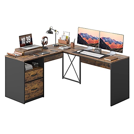 Bestier 56"W L-Shaped Computer Desk With Reversible Storage Drawers And Monitor Stand, Rustic Brown