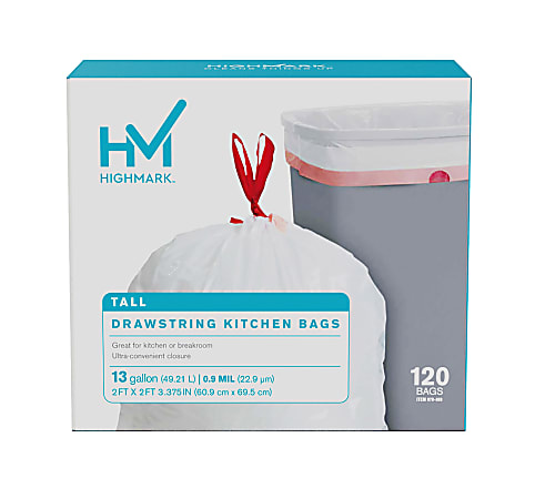 Highmark™ Tall 0.9 mil Drawstring Kitchen Trash Bags, 13 Gallon, 27.375" x 24", White, Box Of 120