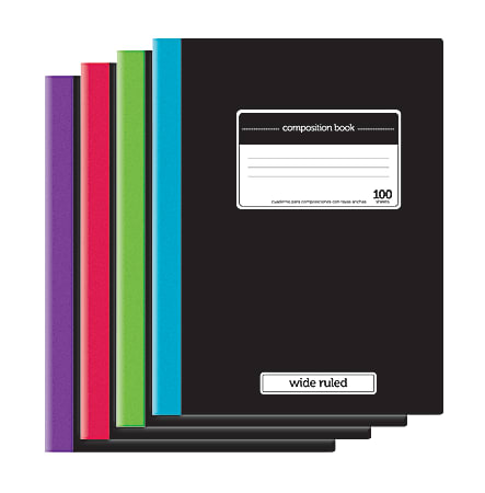 Office Depot® Brand Fashion Composition Books, 7 1/2" x 9 3/4", Wide Ruled, Solid Black, Assorted Spine Colors