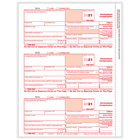 ComplyRight™ 1099-NEC Tax Forms, 3-Up, Federal Copy A, Laser, 8-1/2" x 11", Pack Of 6,000 Forms