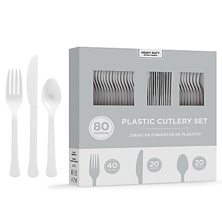 Amscan 8016 Solid Heavyweight Plastic Cutlery Assortments, Silver, 80 Pieces Per Pack, Set Of 2 Packs
