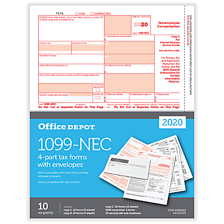 Office Depot® Brand 1099-NEC Laser Tax Forms And Envelopes, 2-Up, 4-Part, 8-1/2" x 11", Pack Of 10 Form Sets