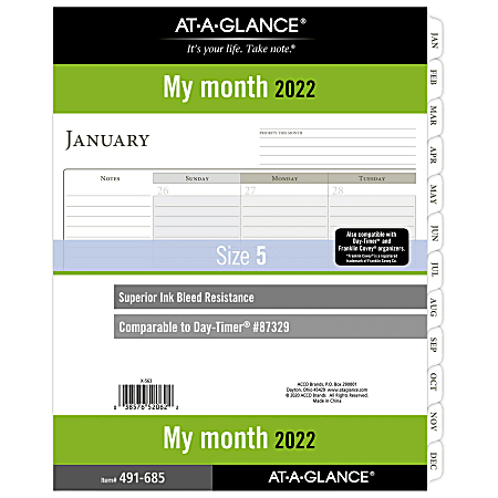 AT-A-GLANCE Monthly Planner Calendar Refill, Folio Size, 8 1/2" x 11", January 2022 to December 2022
